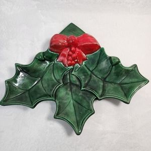 Ceramic Glazed Christmas Dish Green Holly Leaves Red Bow Holiday Decor 1993